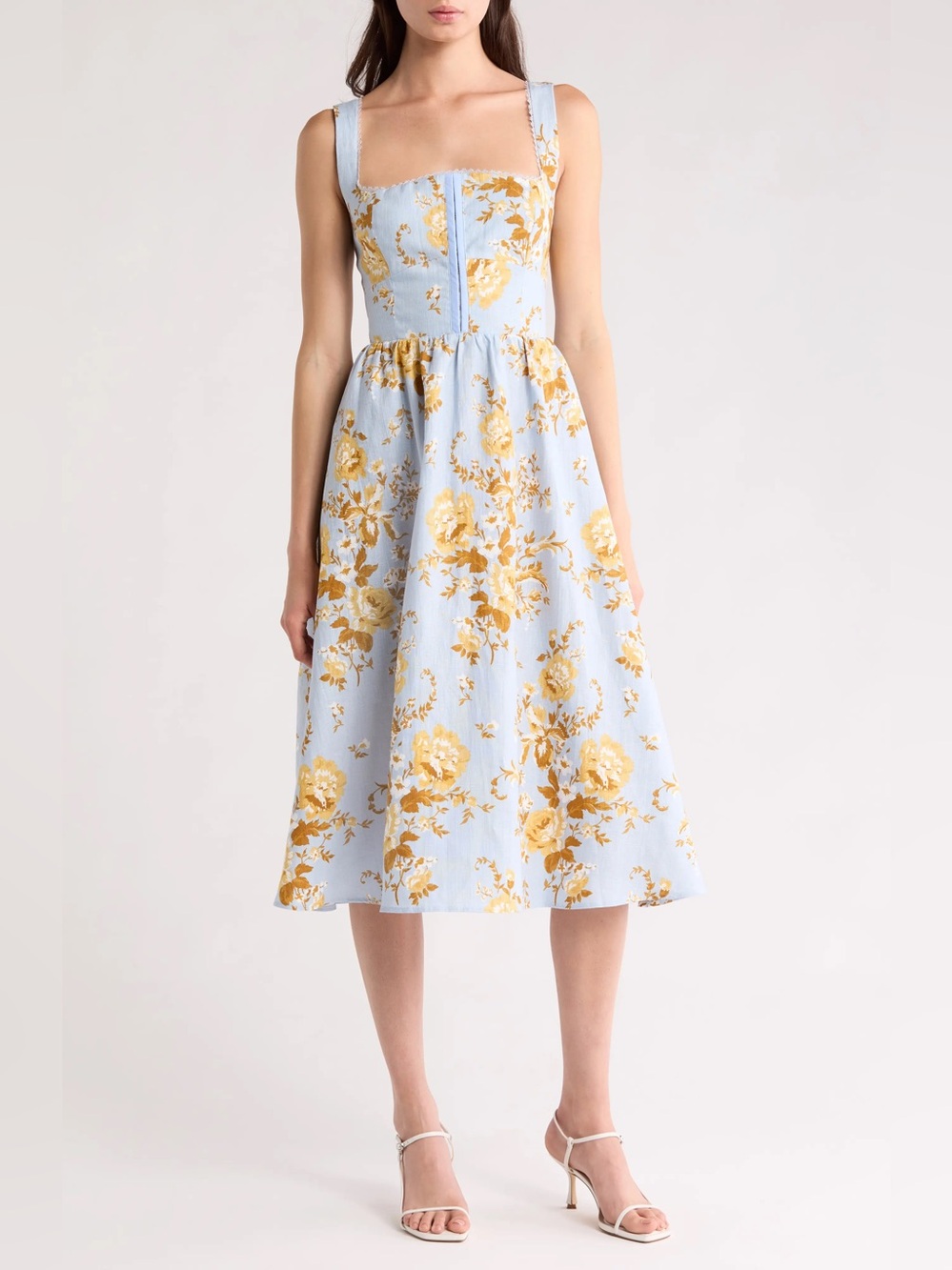 new Reformation Tagliatelle linen midi sundress in Heavenly blue gold floral - Picture 1 of 8